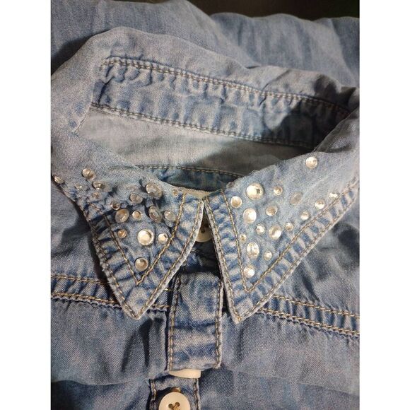 Justice Shirt Girls 10 Blue Chambray Button Front Beaded - Picture 5 of 9